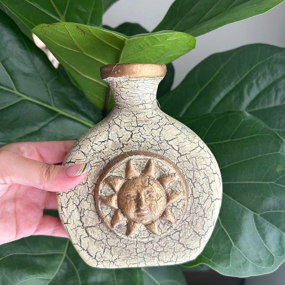 Vintage Decorative Celestial Vase Small Cream Gold Sun Face Crackle Glaze